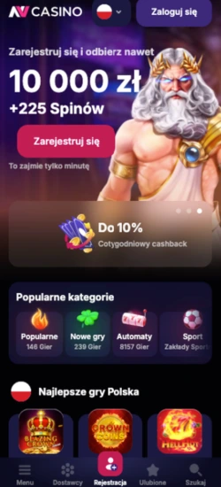 Ekran główny nv casino app z bonusem 10 000 zł i 225 spinami