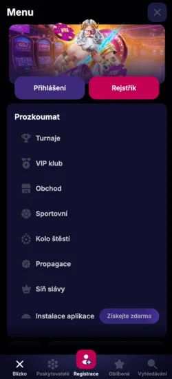 Menu nv casino app se sekcí Objevuj