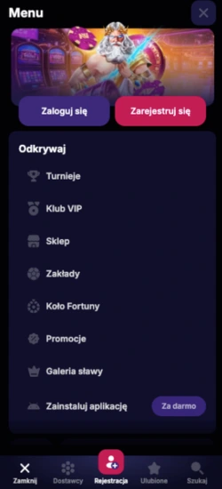 Menu nv casino app z sekcją Odkrywaj i przyciskami logowania