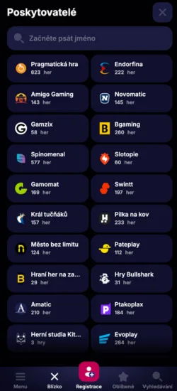 Sekce poskytovatelů v nv casino app s Pragmatic Play a Endorphina