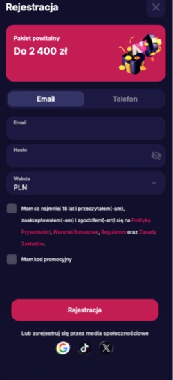 Formularz rejestracji w nv casino aplikacja z wyborem waluty PLN